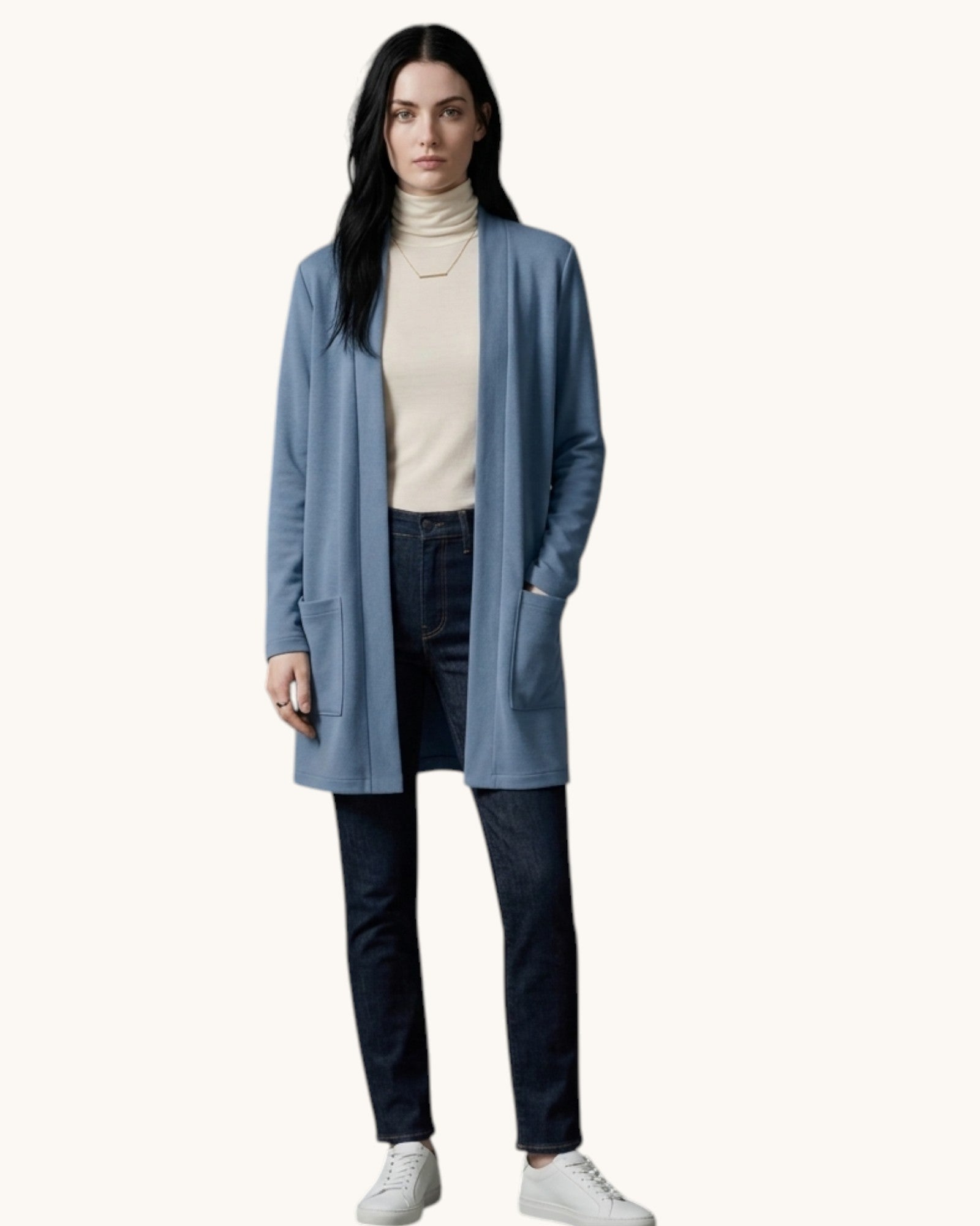 Cárdigan Largo para Mujer con Bolsillos Frontales y Frente Abierto